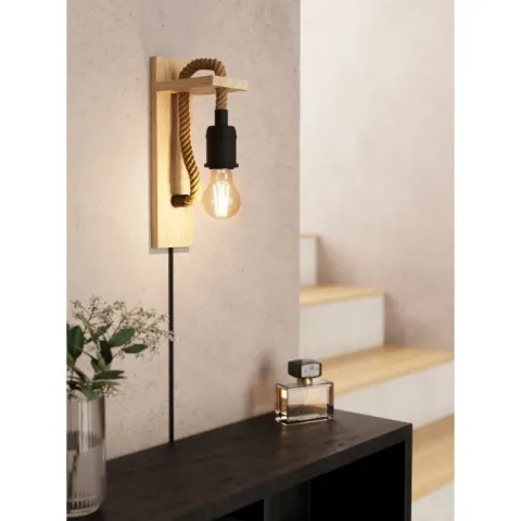 Aplique de Parede com Madeira e Metal Preto RAMPSIDE EGLO 43197