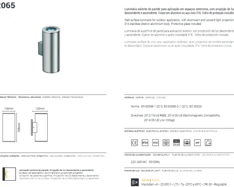 Aplique de Parede Exterior em Aço Inox 316 Tromilux 2065.200.8XX Aço Inoxidável