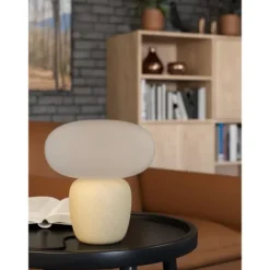 Candeeiro de Mesa com Base Cerâmica Creme e Abajur de Vidro Branco CAHUAMA EGLO 99824