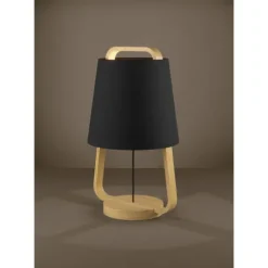 Candeeiro de Mesa com Base e Corpo em Madeira e Abajur Preto CAMALOZA EGLO 390187