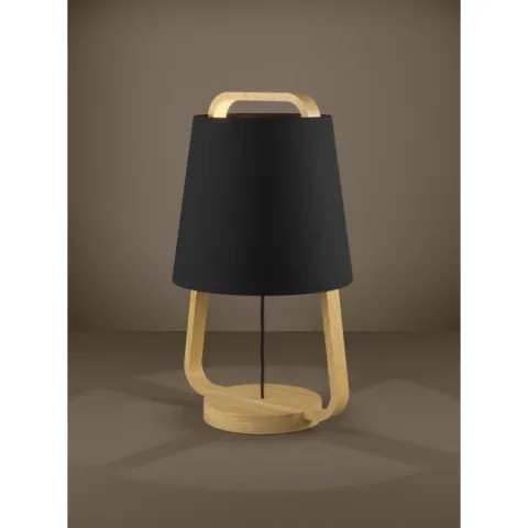 Candeeiro de Mesa com Base e Corpo em Madeira e Abajur Preto CAMALOZA EGLO 390187