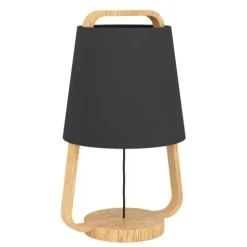Candeeiro de Mesa com Base e Corpo em Madeira e Abajur Preto CAMALOZA EGLO 390187