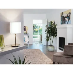 Candeeiro de mesa com base metálica níquel mate e abajur branco PASTERI EGLO 95725