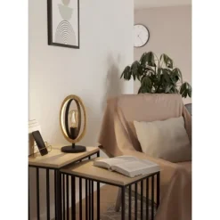 Candeeiro de Mesa com Elemento Oval em Madeira e Metal Preto BASILDON EGLO 43464