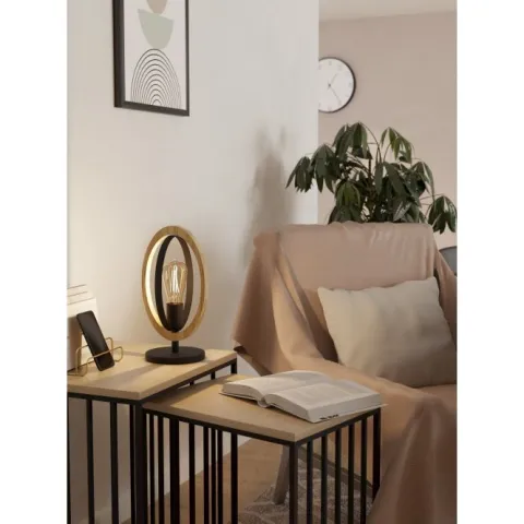 Candeeiro de Mesa com Elemento Oval em Madeira e Metal Preto BASILDON EGLO 43464