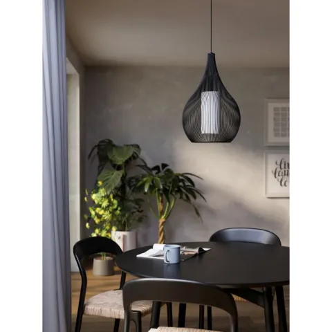 Candeeiro de teto com abajur de arame preto e vidro opalino RAZONI 1 EGLO 900828