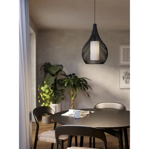 Candeeiro de teto com abajur de arame preto e vidro opalino RAZONI 1 EGLO 900828