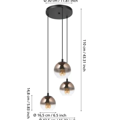 Candeeiro de teto com 3 cúpulas em vidro cobre ARISCANI 1 EGLO 901925