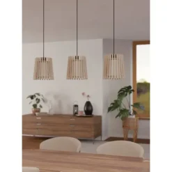 Candeeiro de teto com três abajures em madeira natural clara FATTORIA EGLO 900903