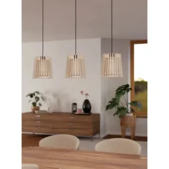 Candeeiro de teto com três abajures em madeira natural clara FATTORIA EGLO 900903