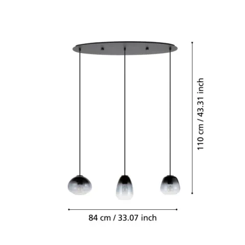 Candeeiro de teto com três abajures de vidro preto vaporizado AGUILARES EGLO 900195