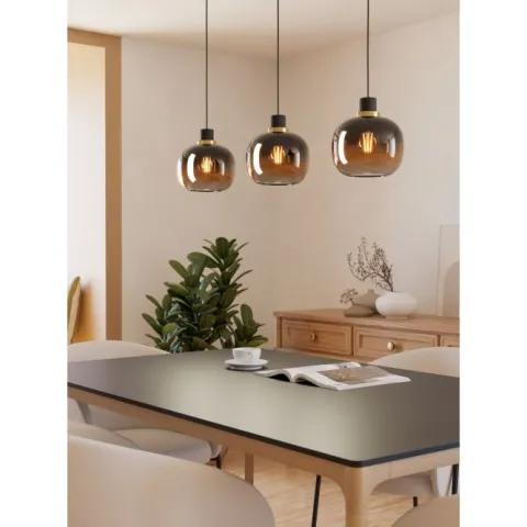 Candeeiro de teto com três abajures esféricos em vidro preto e castanho OILELLA EGLO 99615
