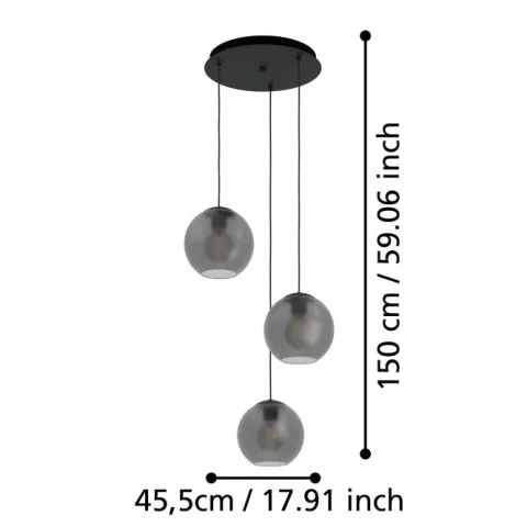 Candeeiro de teto com três lâminas esféricas de vidro mate cinzento ARANGONA EGLO 390213