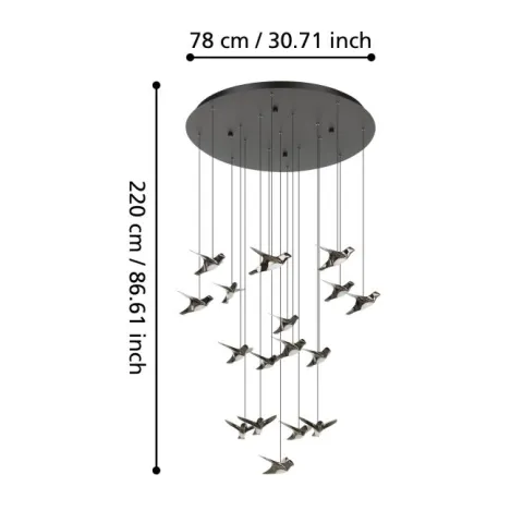 Candeeiro de teto pendente LED com 17 pássaros níquel-nero PARATEBUENO EGLO 390352