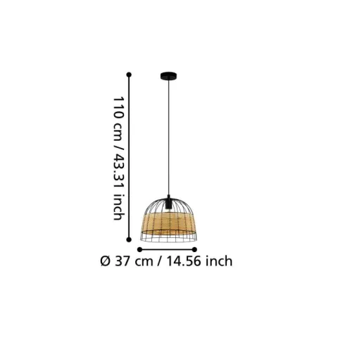 Candeeiro de teto suspenso com moldura de metal preto e rotim ANWICK EGLO 43311