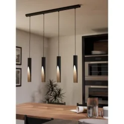 Candeeiro de teto suspenso com 4 lâmpadas preto e madeira BARBOTTO EGLO 901733