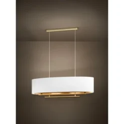Candeeiro de Teto Suspenso PINETARA com Abajur Oval em Tecido Branco e Latão 390182