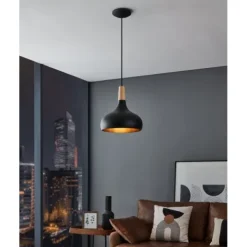 Candeeiro de teto suspenso SABINAR em metal preto e madeira castanha, 28 cm 900162