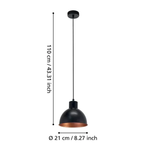 Candeeiro de Teto Suspenso TRURO 1 com Abajur Preto e Interior Cobre 49238