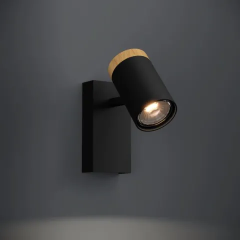 Foco LED de Parede ou Teto com Madeira e Metal Preto CARTAGENA EGLO 39647