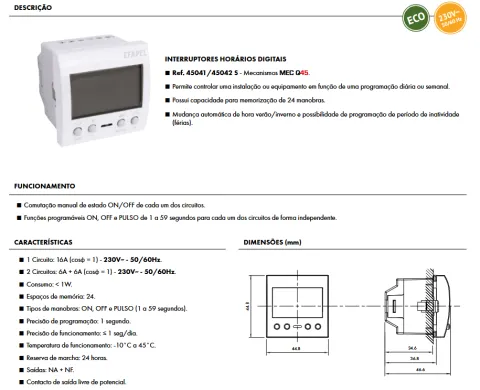 Interruptor horário digital Efapel - 1 circuito - 2 módulos em Branco - 45041 SBR - Série Quadro 45