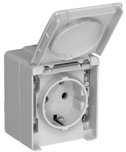 Tomada 2P+T schuko com alvéolos protegidos IP65 cinzento efapel 48132 ccz